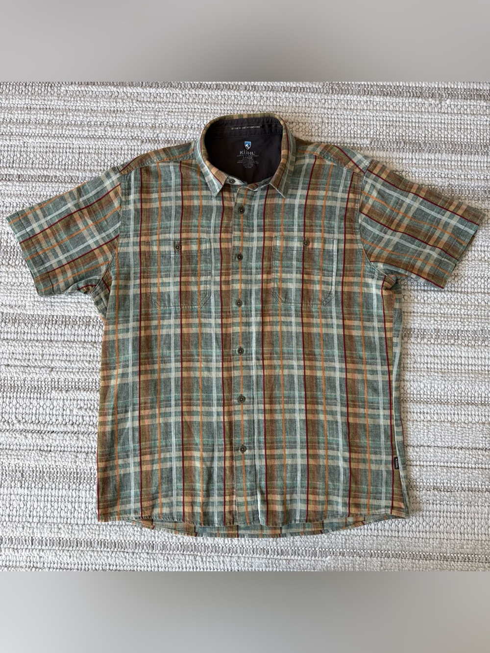KUHL Button Up Shirt Mens Large Plaid Linen Blend Skorpio Hiking Outdoors